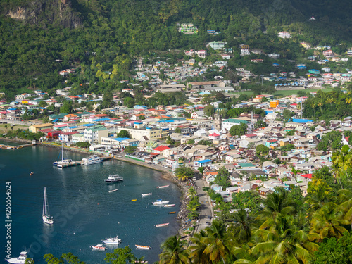 Aerial view of the village Soufri�re in St Lucia, Caribbean photo