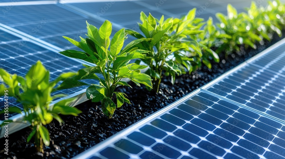 Fototapeta premium Green plants growing between solar panels, sustainable energy