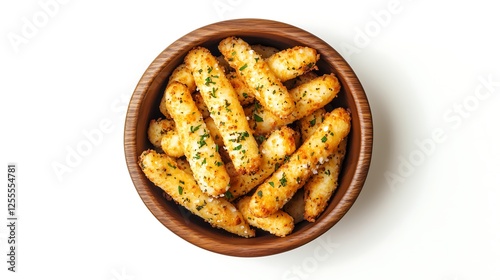 Deep fried mozzarella cheese sticks appetizer snacks in wooden bowl center top down view, white background