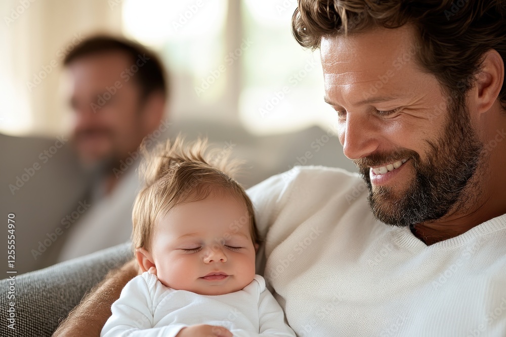A serene image of a father gently cradling his sleeping baby, embodying love, security, and the profound bond shared between parent and child in a cozy setting. A serene image of a father gently cradling his sleeping baby, embodying love, security, and the profound bond shared between parent and child in a cozy setting.
