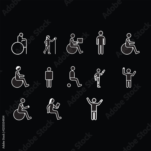 Disability line editable icon set. Vector illustration in modern thin line style of handicap related icons: features of physical and mental development, assistive devices, inclusivity, and more 