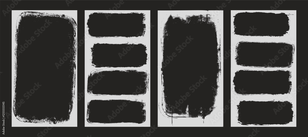 Grunge photo frames set templates. Ink paint border with rough edges for social media post banner. Retro textured overlays. Rectangular old black flyers on transparent background. Vector illustration.