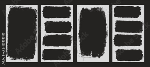Grunge photo frames set templates. Ink paint border with rough edges for social media post banner. Retro textured overlays. Rectangular old black flyers on transparent background. Vector illustration.