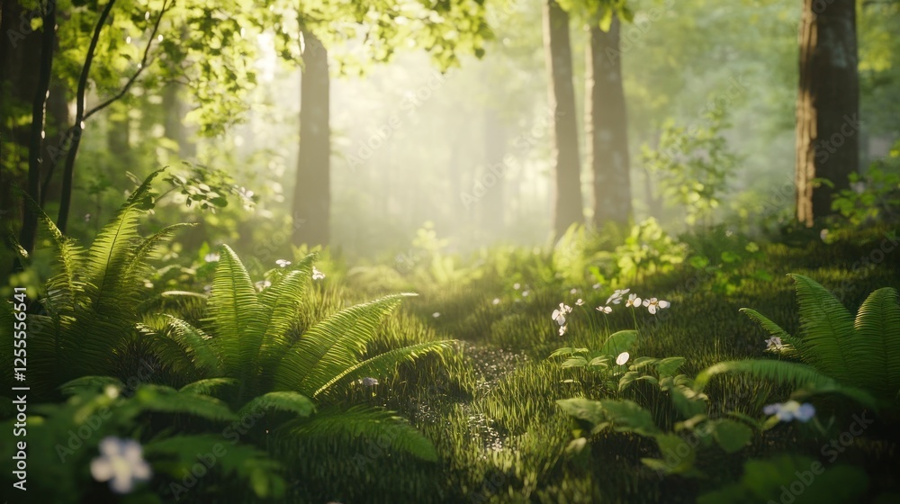 Obraz premium Enchanting Forest Floor with Ferns and Sunlight Streaming Through the Trees
