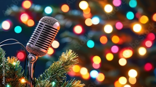 Vintage Microphone Surrounded by Colorful Holiday Lights photo