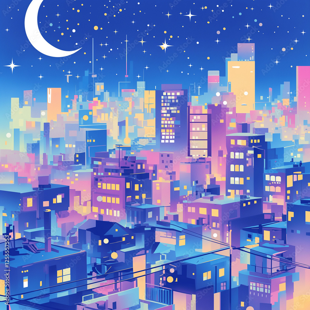 Obraz premium 夢幻の都会風景|星空と三日月が輝く幻想的な都市夜景。アイコンにも使える素材。1 into 1 Ratio Size,square size 1:1
