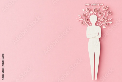 Celebratory illustration for International Women s Day, featuring a minimalist figure against a pink background, adorned with floral elements symbolizing empowerment and femininity photo