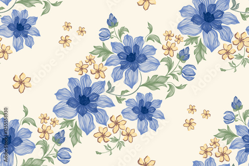 Vintage floral ethnic tapestry modern embroidery texture boho design vector illustration hand drawn silhouette indigo blue flower motif branches leaves wallpaper seamless background border.