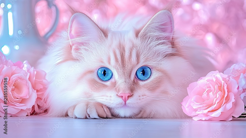 Fluffy white cat with striking blue eyes resting among pink roses in soft focus Fluffy white cat with striking blue eyes resting among pink roses in soft focus
