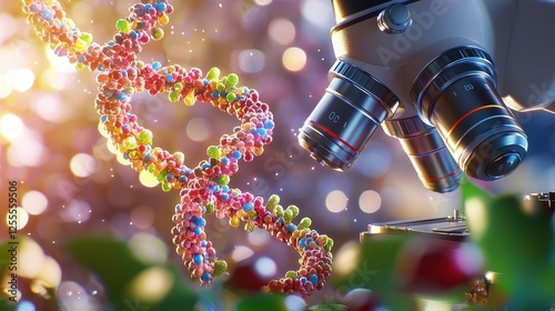 Colorful DNA Helix and Microscope in a Science Laboratory Setting