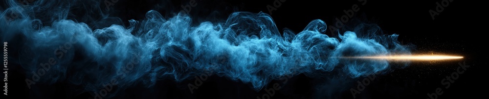 Dynamic blue smoke billowing across a dark background with a streak of golden light illuminating the scene Dynamic blue smoke billowing across a dark background with a streak of golden light illuminating the scene