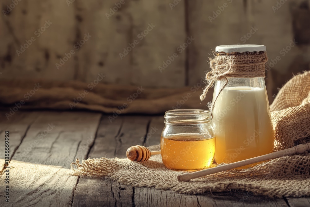 Rustic still life with honey jar and milk bottle on wooden table and burlap Rustic still life with honey jar and milk bottle on wooden table and burlap