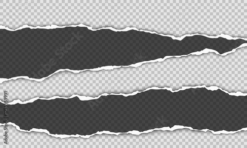 Vector horizontal torn paper edge. Ripped paper strip with soft shadow.