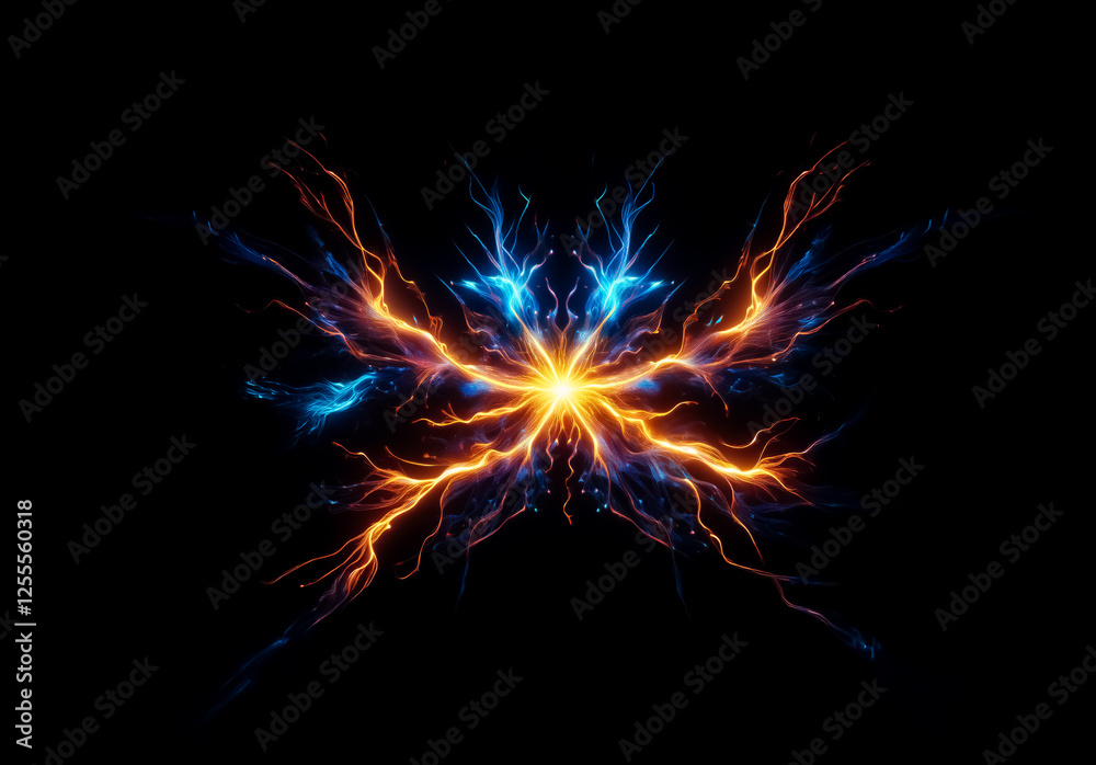 Vibrant digital artwork features symmetrical electric energy radiating outward with blue and orange sparks against a stark black backdrop. Dynamic and abstract. Vibrant digital artwork features symmetrical electric energy radiating outward with blue and orange sparks against a stark black backdrop. Dynamic and abstract.