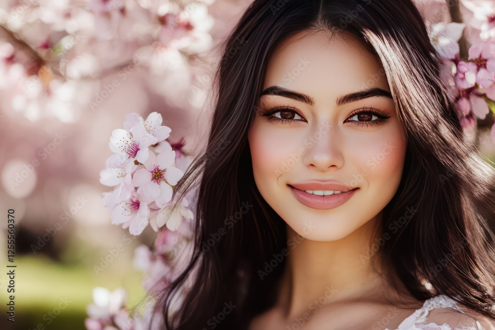 A beautiful Japanese woman with long hair wearing white and pink in the park under cherry blossoms A beautiful Japanese woman with long hair wearing white and pink in the park under cherry blossoms