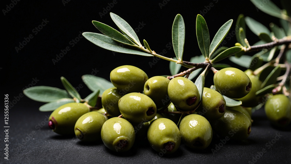 Elegant Delicious Olive Branch Isolated on Black for Culinary Presentation Elegant Delicious Olive Branch Isolated on Black for Culinary Presentation