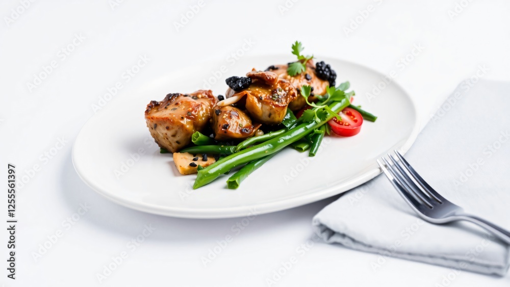 Gourmet Grilled Chicken Breast with Green Beans and Cherry Tomatoes on White Plate Gourmet Grilled Chicken Breast with Green Beans and Cherry Tomatoes on White Plate