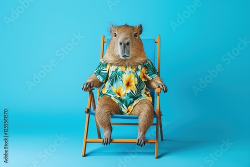 Capybara in chaise longue on sea background.	