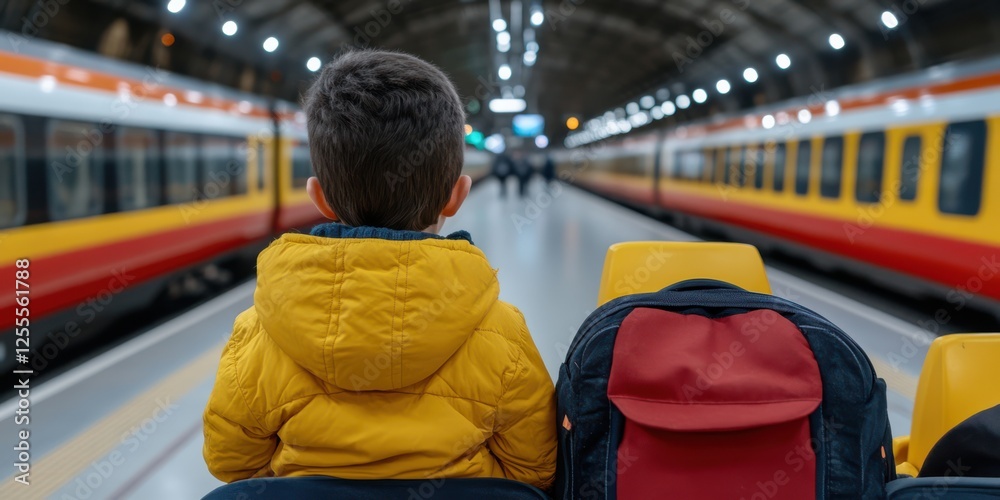 Naklejka premium A young boy in a yellow jacket gazes ahead in a bustling train station, accompanied by a backpack, embodying the spirit of travel and adventure.