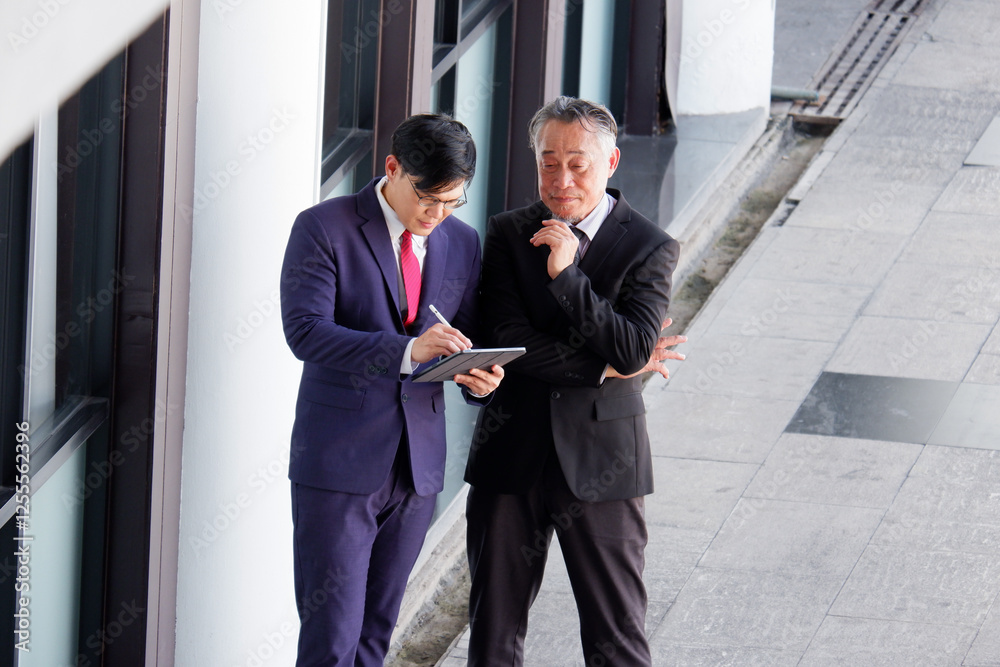 Businessman holding tablet discussing marketing plan. Businessman holding tablet discussing marketing plan.