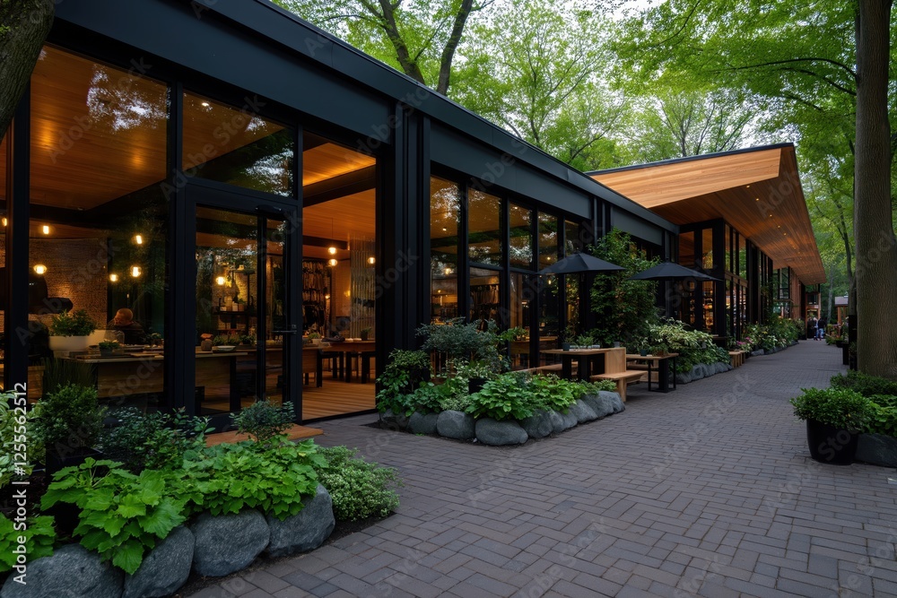 Modern restaurant design surrounded by lush greenery in a serene outdoor setting during evening hours Modern restaurant design surrounded by lush greenery in a serene outdoor setting during evening hours