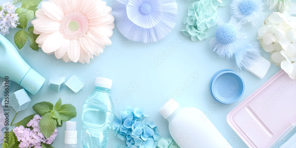 Obraz premium Flat lay of eco-friendly household products, pastel bottles, flowers, and mint leaves arranged on a soft blue background, creating a fresh and clean aesthetic. Copy space