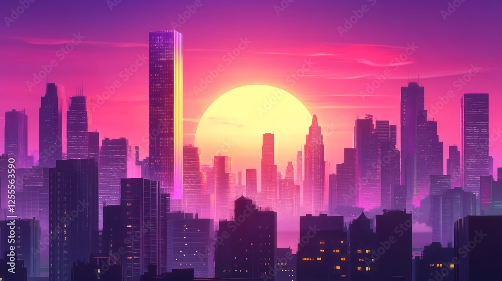 Fototapeta premium Vibrant Cityscape at Sunset: A Retro-Inspired Urban Skyline