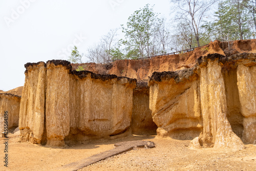 Stunning rock formations at Phae Mueang Phi Forest Park in Phrae, Thailand. A unique geological wonder with rugged sandstone pillars shaped by natural erosion. photo