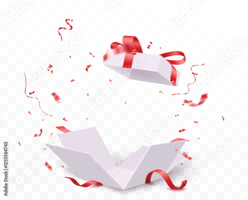 Open Gift Box With Falling Confetti. Present box for birthday, Christmas and New Years celebrations