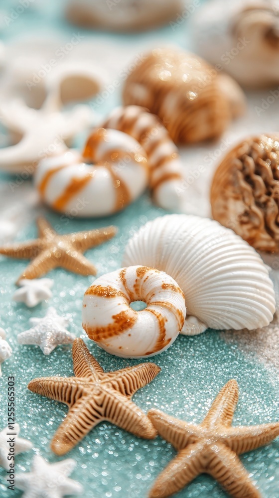 Seashells and Starfish on Glittery Aqua Sand Seashells and Starfish on Glittery Aqua Sand