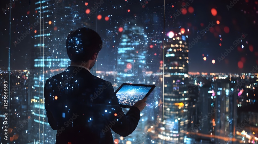 Businessman using a tablet to display a virtual home icon, futuristic night cityscape . Real estate technology, digital transformation, smart investments, futuristic business, property innovation. Businessman using a tablet to display a virtual home icon, futuristic night cityscape . Real estate technology, digital transformation, smart investments, futuristic business, property innovation.