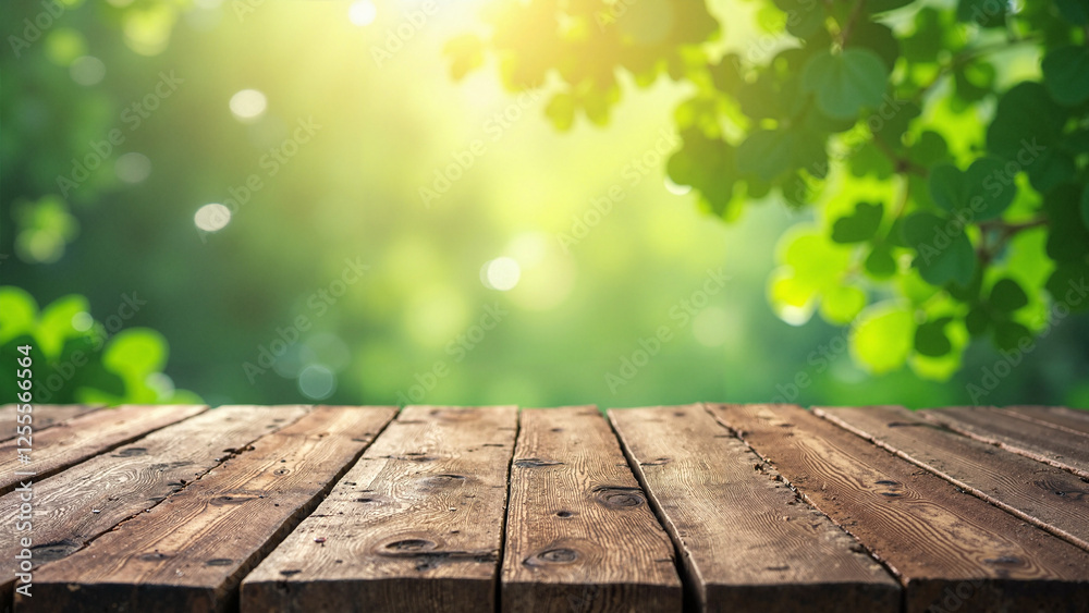Rustic Wooden Table with Blurred Clover Background: Perfect for St. Patrick's Day Marketing and Product Displays Rustic Wooden Table with Blurred Clover Background: Perfect for St. Patrick's Day Marketing and Product Displays