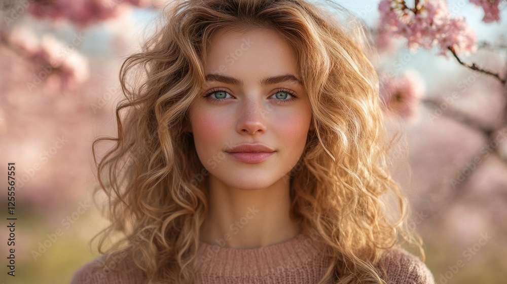 Young woman with curly blonde hair stands amidst blooming sakura trees, embodying serenity and natural beauty. Young woman with curly blonde hair stands amidst blooming sakura trees, embodying serenity and natural beauty.