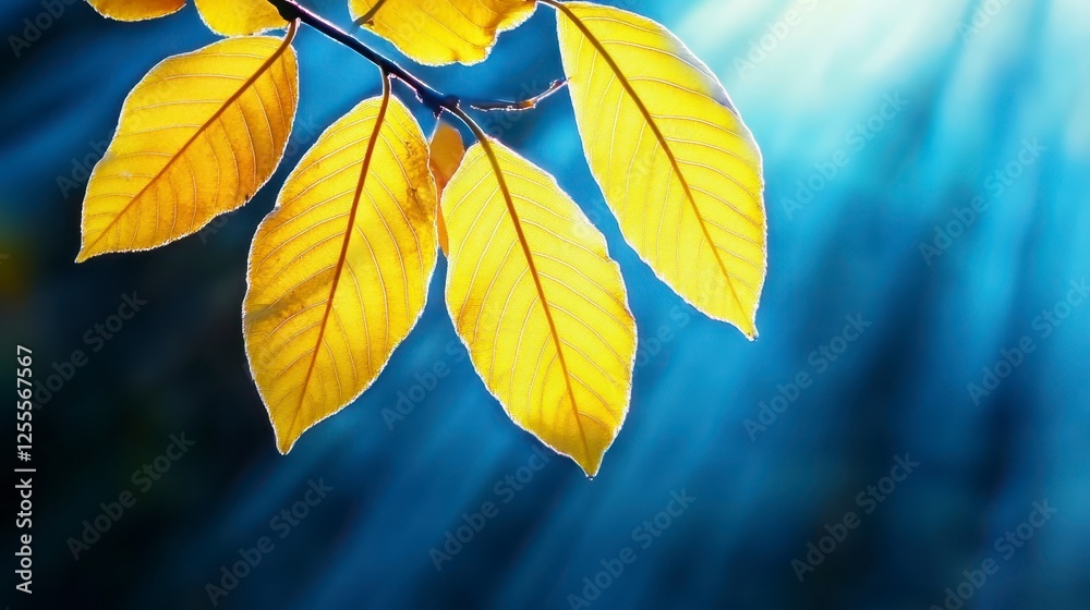 Obraz premium Close up of bright yellow autumn leaves on a branch, bathed in sunlight. Sunlight rays illuminate the leaves, creating a warm and vibrant fall scene