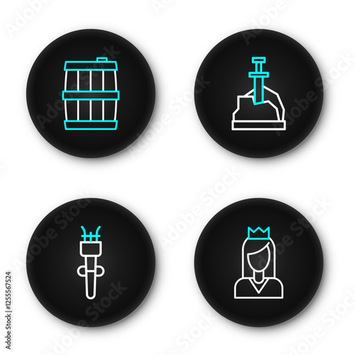Set line Princess, Torch flame, Sword the stone and Wooden barrel icon. Vector