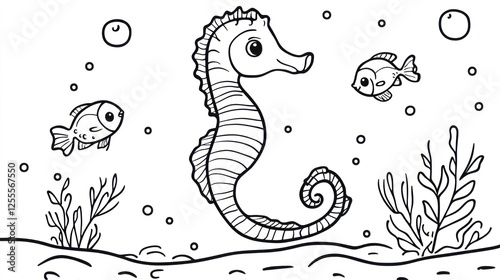 Cute seahorse and fish in underwater scene, coloring book illustration photo