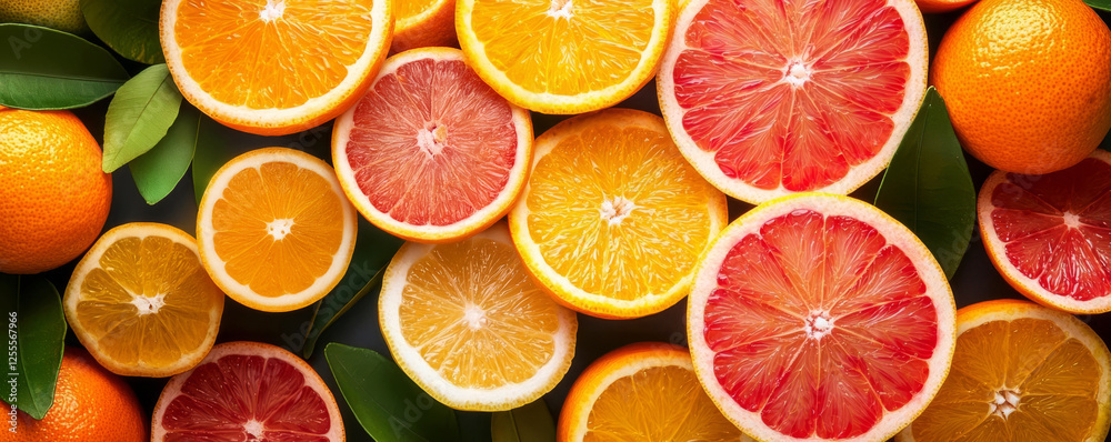 An artistic arrangement of sliced organic citrus fruits in a circular pattern, Fresh Juices, Colorful vibrance An artistic arrangement of sliced organic citrus fruits in a circular pattern, Fresh Juices, Colorful vibrance