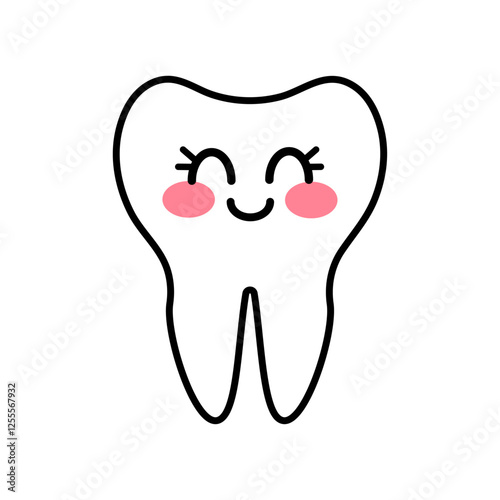 Cute white kawaii outline tooth vector illustration on white background