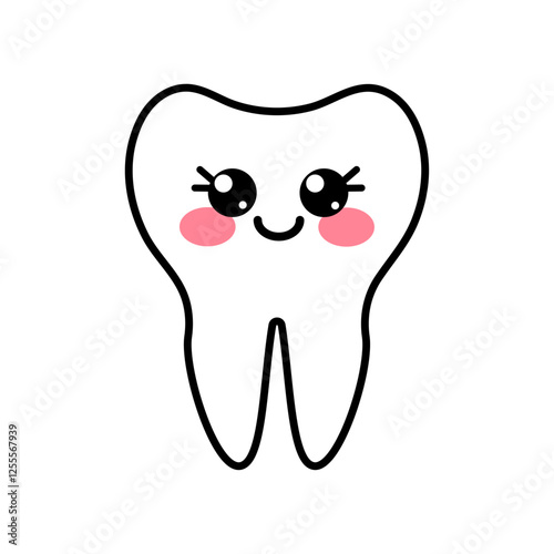 Happy cute snow white kawaii characters tooth in flat outline design. Happy kawaii teeth with pink cheeks