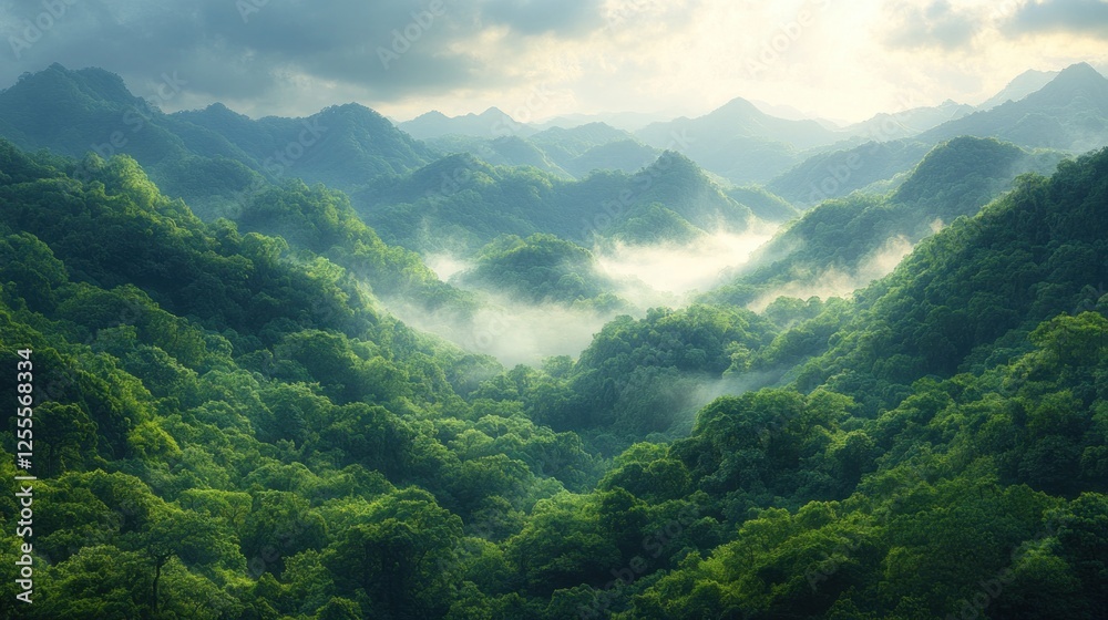 Naklejka premium Misty mountain range with lush green forests and valleys bathed in sunlight.