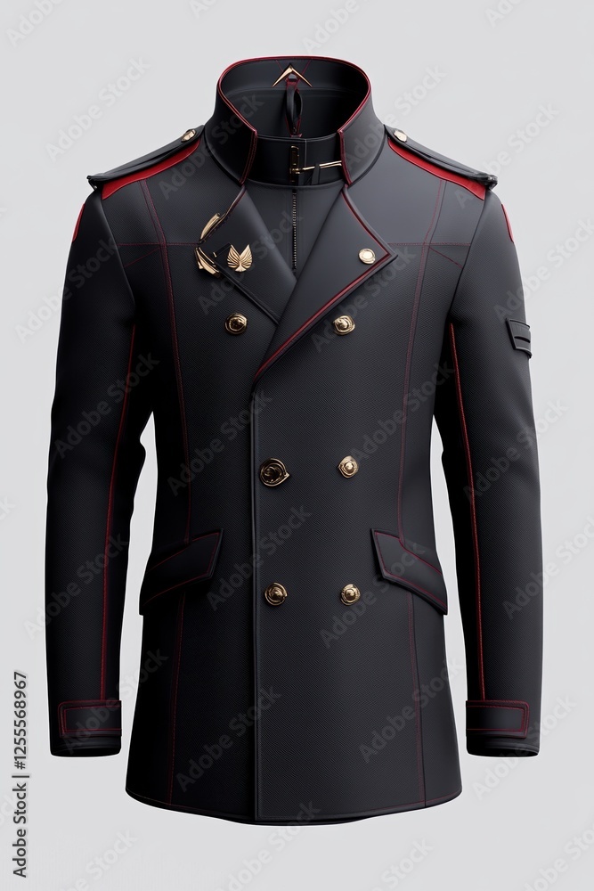 Elegant black military jacket with gold buttons and red accents Elegant black military jacket with gold buttons and red accents