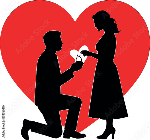 Man proposing to woman with heart background vector black silhouette cricut design for T-Shirt