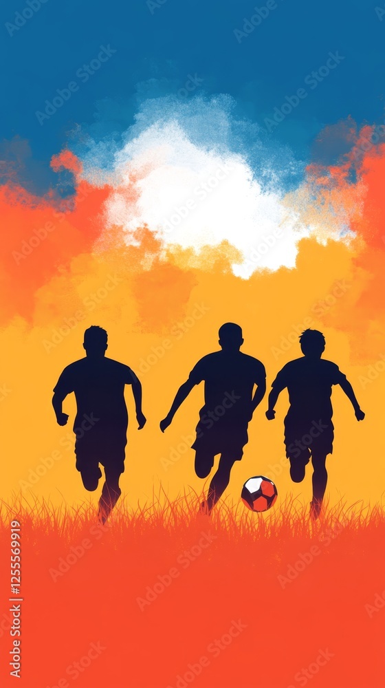 Three silhouettes of young men running towards a soccer ball in a vibrant sunset backdrop Three silhouettes of young men running towards a soccer ball in a vibrant sunset backdrop