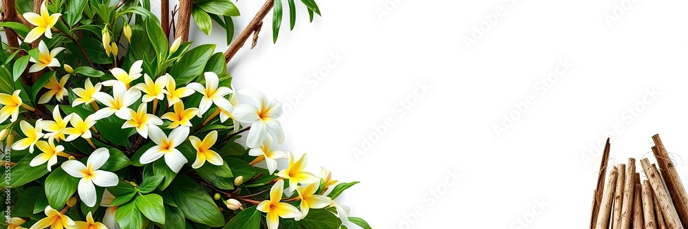Obraz premium Vibrant Plumeria Flowers and Tropical Branches on White Background