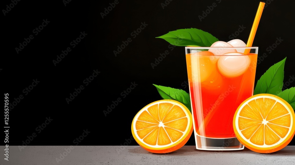 Fototapeta premium Refreshing citrus cocktail in a tall glass filled with ice, garnished with citrus slices and leaves, against a dark background. Digital illustration