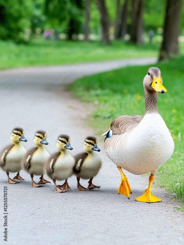 Fototapeta premium Mother duck leading adorable ducklings on a stroll through the park