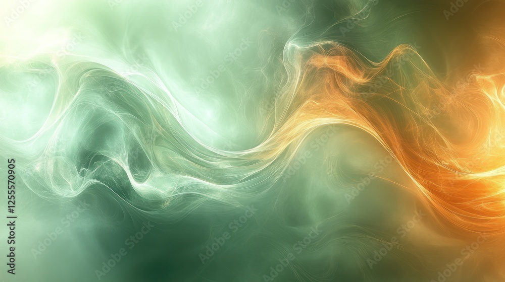 Fototapeta premium Abstract green and orange smoke wave background.