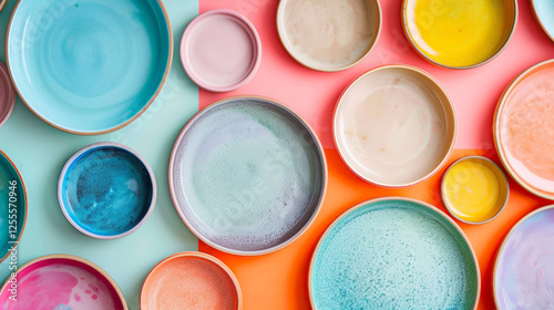 Colorful ceramic plates in pastel shades arranged in flat lay display