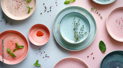 Pastel ceramic plates with herbs and spices create vibrant flat lay display