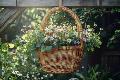 Hanging flower basket with daisies in a sunny garden